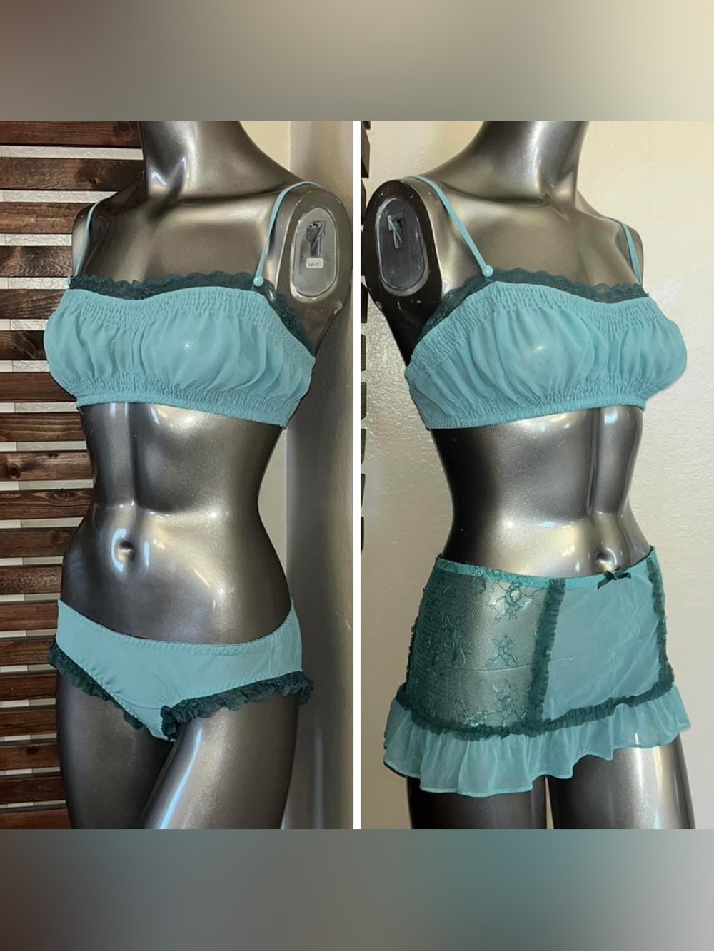 3 PC Set Frederick's of Hollywood Seafoam Green Ruffle Lace Bralette Panty Skirt